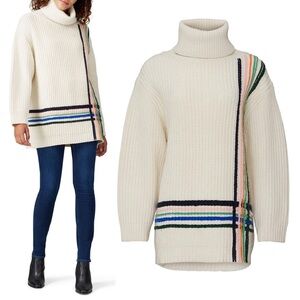 Tory Burch Sport Chunky Knit Merino Wool Embroidered Stripe Sweater XS Multi